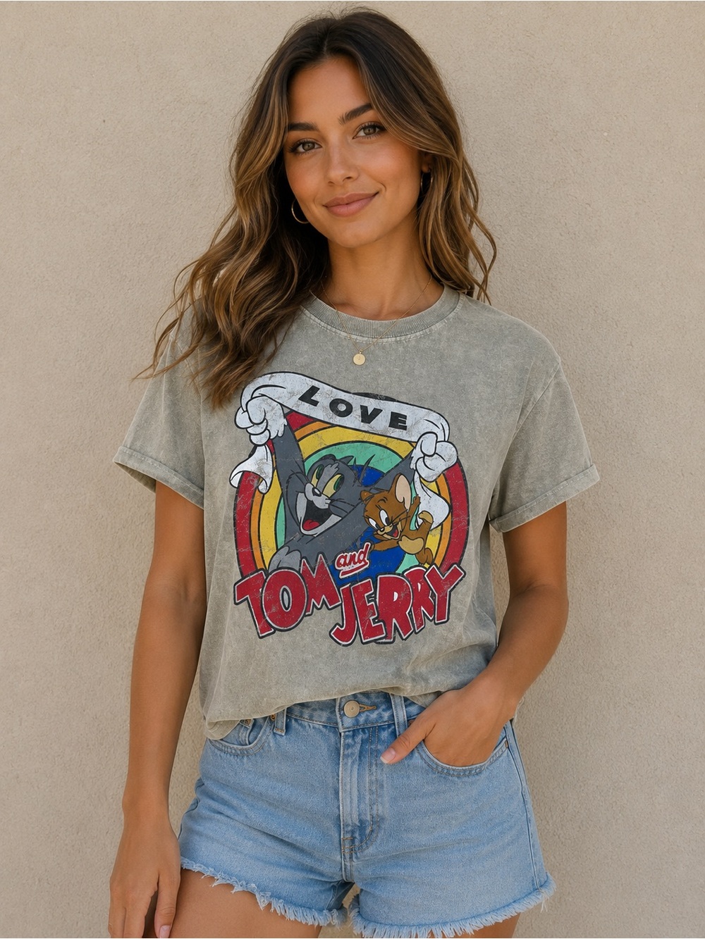 Tom and Jerry Graphic crop Tee - Vintage Grey with Rainbow Logo